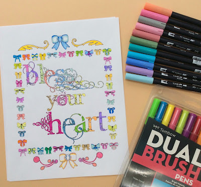 Adult coloring page quote Bless your heart, stefanie girard, tombow markers, pens, art