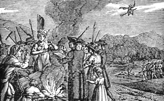 Nineteenth-century illustration of colonial-era witch hysteria (including a witch flying on a broomstick) from A History of the United States of America, 1828