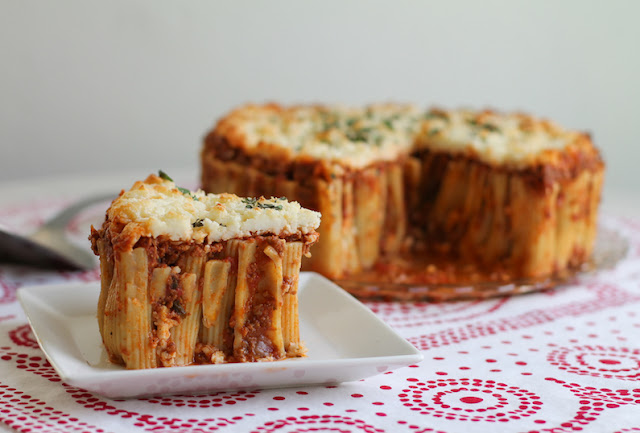 Food Lust People Love: Torta di Rigatoni is a showpiece pasta dish with simple, delicious ingredients including a rich meaty Bolognese sauce and flavorful farmer’s cheese.