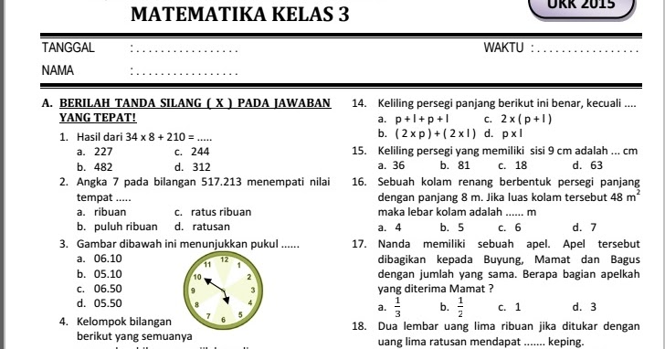 Contoh Soal MTK Kelas 3 SD Semester 2 Tugas dan Materi 