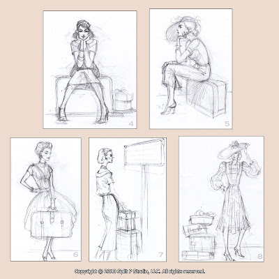 retro fashion sketches for luggage tags