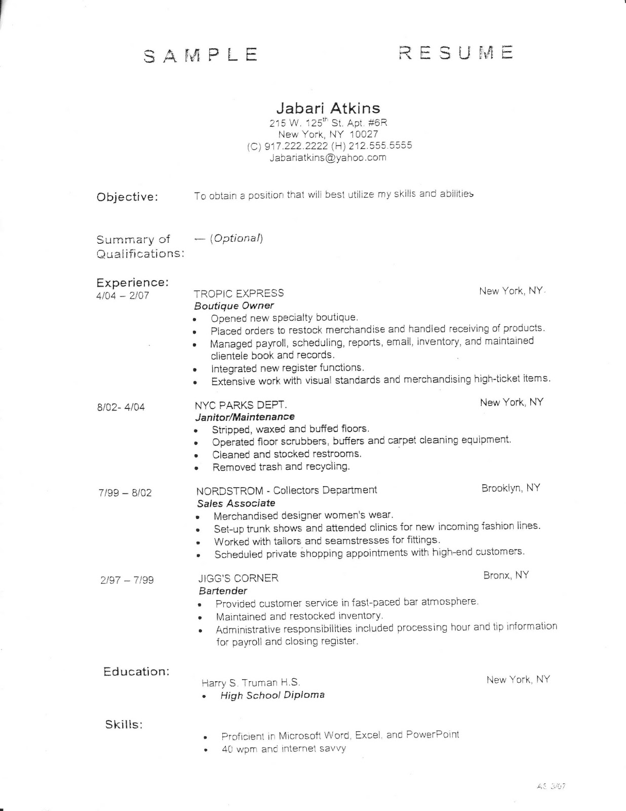 Employment Fitness Zone: Resume Outline and Sample