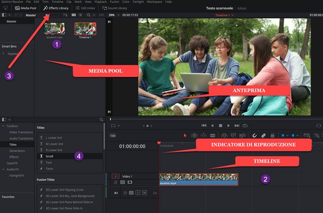 aggiungere video alla media pool di davinci resolve