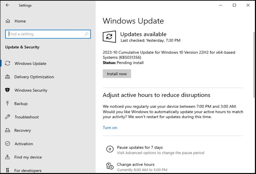Check for Update on windows 10