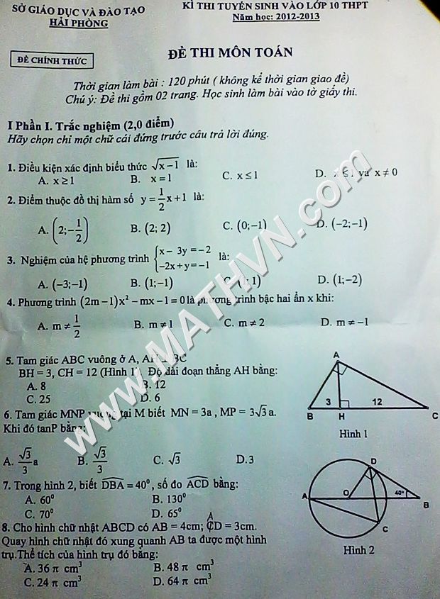 de thi mon toan vao lop 10 o hai phong 2012-2013