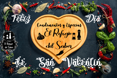 Imagen fondo negro tabla de madera en forma de corazon, con especias alrededor con la nota de Feliz dia de San Valentin