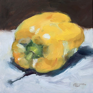 simone ritter art 2019 yellow sweet pepper 6x6in oil on board stilllife