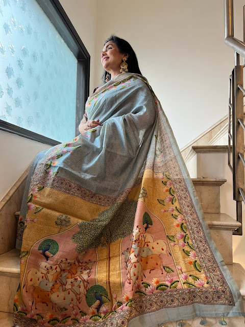 Digital pichwai print saree on munga silk