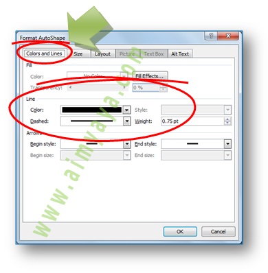 Gambar: memanfaatkan dialog autoshape untuk  merubah warna, jenis, dan ketebalan garis sekaligus di Microsoft Word 