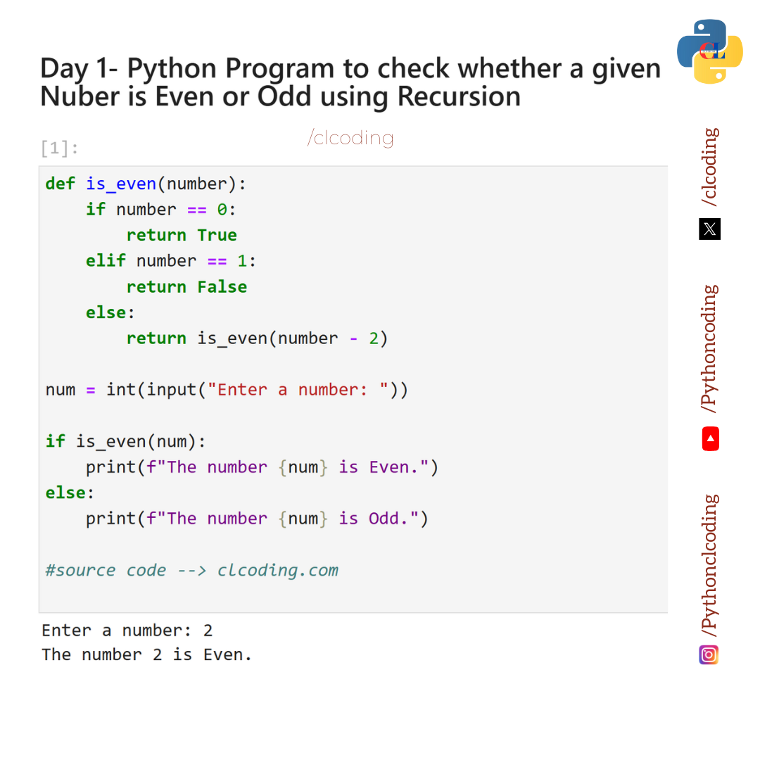 Day 1- Python Program to check whether a given Nuber is Even or Odd ...