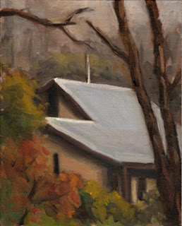 Oil painting of the roof of a mud-brick house surrounded my eucalypts.