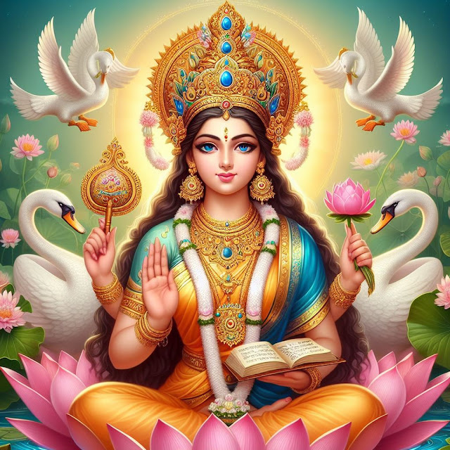 goddess sarasvati with a beautiful, divine face