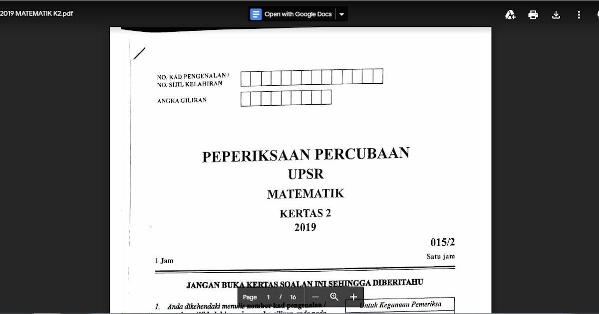 Skema Jawapan Upsr 2019 - Contoh O