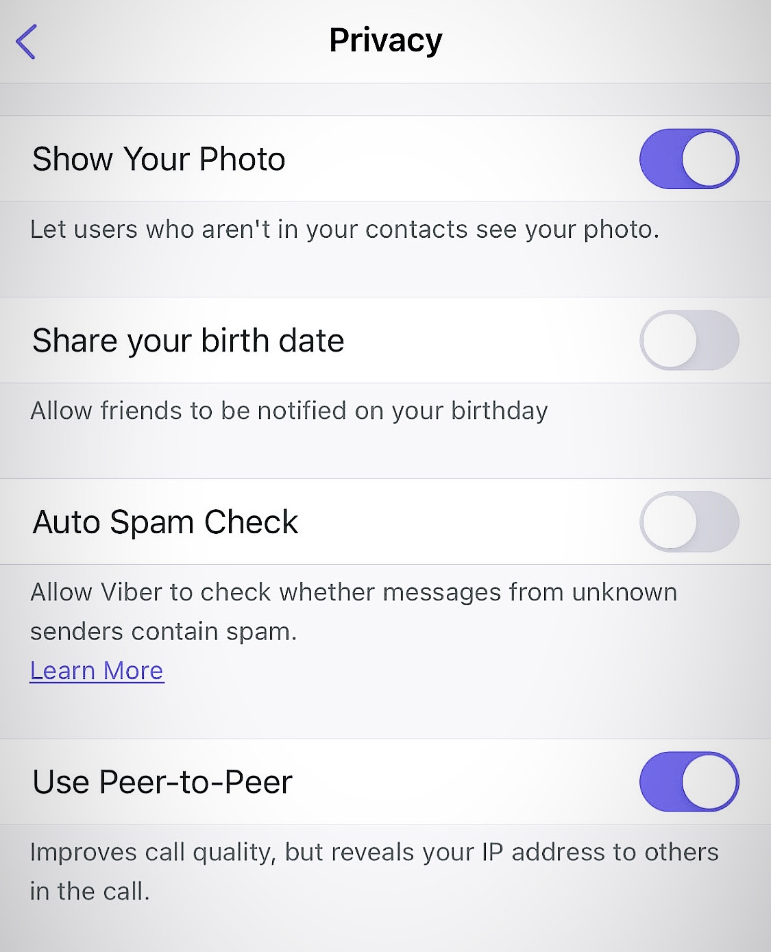 Viber’s settings in iOS disable peer-to-peer calls.