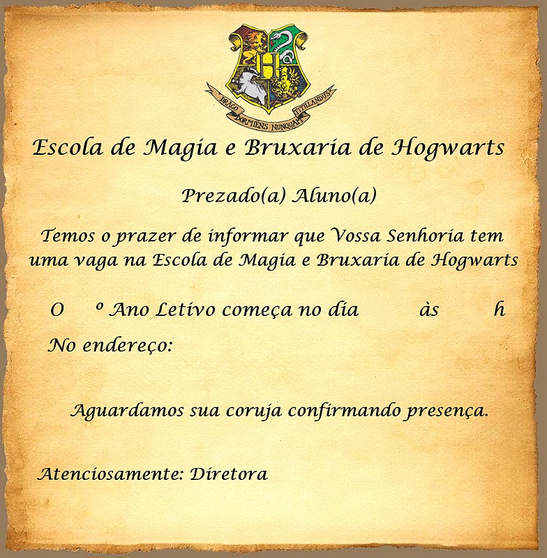 Convite Harry Potter - Carta de Admissão