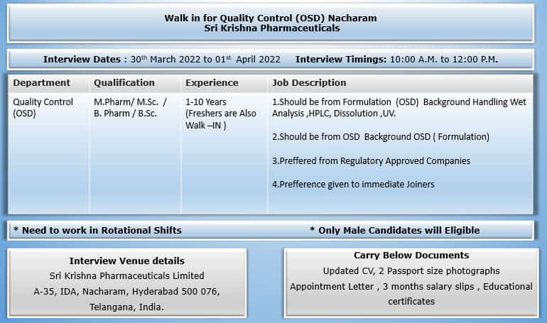 Job Availables,Sri Krishna Pharmaceuticals Limited  Walk-In-Interview For BSc/ MSc/ B.Pharm/ M.Pharm