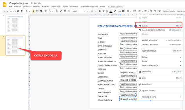 copia incolla delle caselle di testo