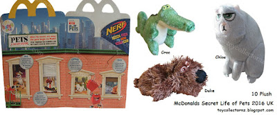 McDonalds Secret Life of Pets Toys 2016 UK Happy Meal box and 3 of 10 plush toys in set - Croc, Duke and Chloe