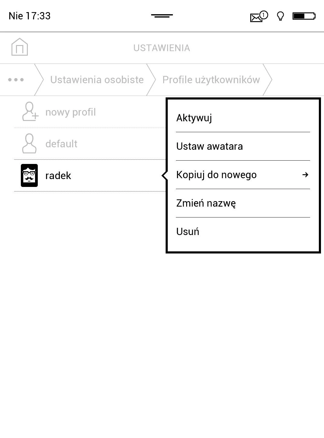 kontekstowe menu profili użytkownika w PocketBook Touch HD 2