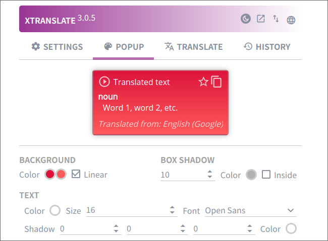 XTranslate Chrome拡張 ポップアップ 背景