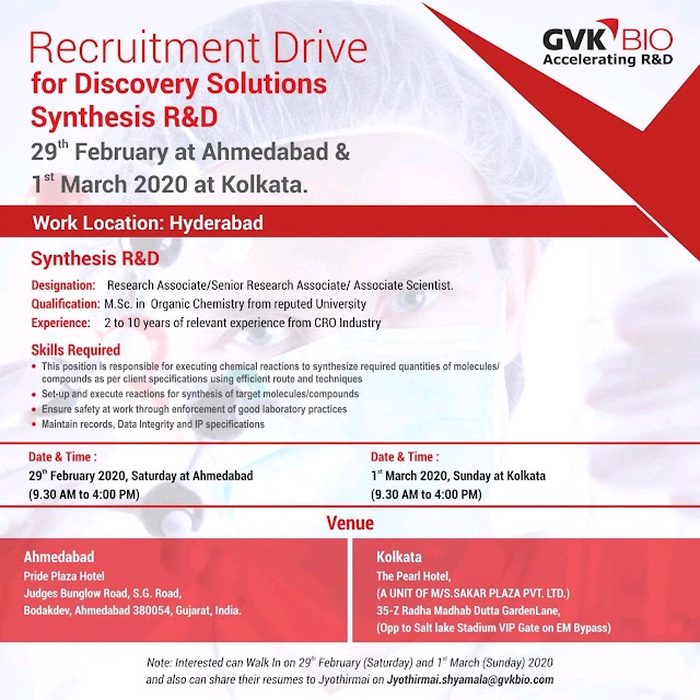 GVK bio | Walk-in for R&D on 29 Feb & 1 March 2020 | Ahmedabad & Kolkata