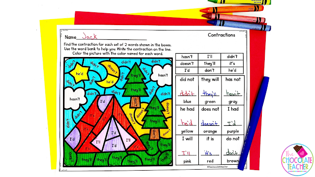 Camping themed classroom activities like these color by code pages are low prep for you but high engagement for students.