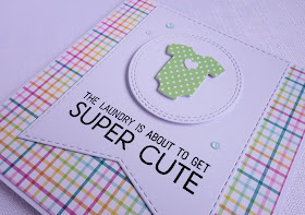 Handcrafted rainbow coloured baby shower card (using MFT bundle of baby clothes dienamics and welcome baby stamp set)