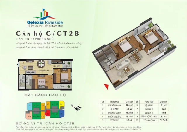 Căn hộ C, 69m2, 2 phòng ngủ - Gelexia Riverside