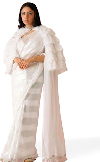 Designerplanet white fur cape saree