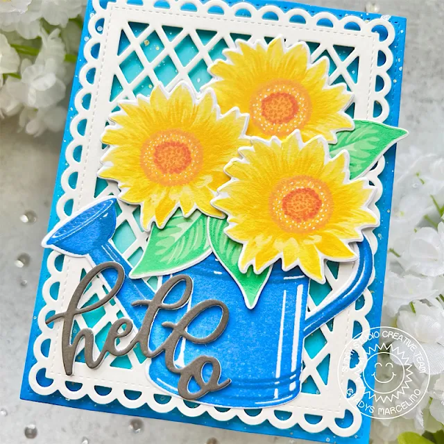 Sunny Studio Stamps: Sunflower Fields Card by Gladys Marcelino (featuring Frilly Frame Dies, Watering Can, Hello Word Die)