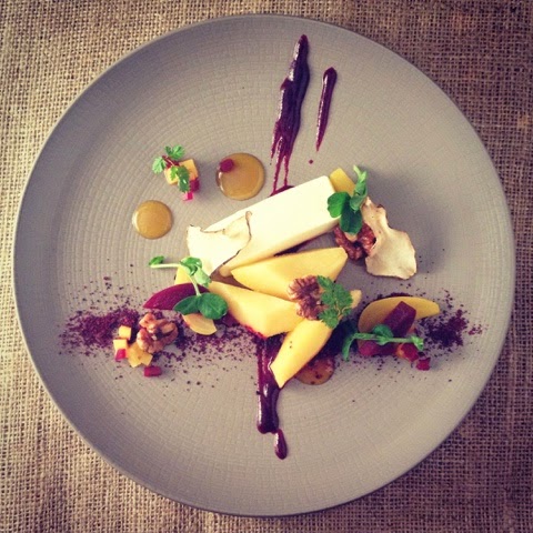 Saffron Poached Quince Goats Cheese, Candied Walnuts, Beetroot