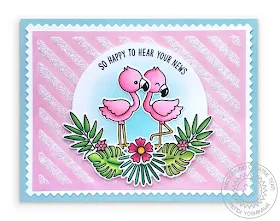 Sunny Studio Stamps Fabulous Flamingos Pink Glitter Striped Card by Mendi Yoshikawa (using Frilly Frames Stripes Card with Gina K. Glitz Glitter Gel)