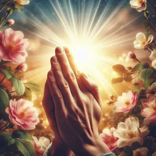 The picture shows hands in a position of prayer with flowers in the background.