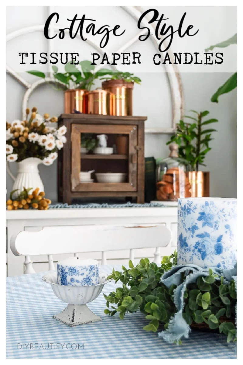 blue and white floral candles, gingham, greenery, copper