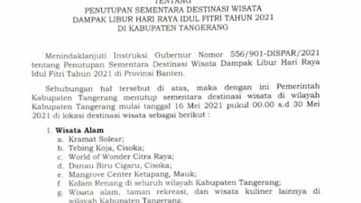 Surat edaran Bupati Tangerang, Penutupan sementara tempat Wisata
