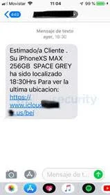 Mensaje SMS fraudulento que llega a la víctima indicando que su iPhone ha sido localizado.