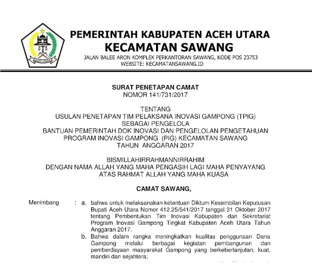 Program Inovasi Desa dirancang untuk memunculkan adanya penemuan dalam praktik pembangunan  Contoh Format SK Camat ihwal Pembentukan Tim Inovasi Desa 