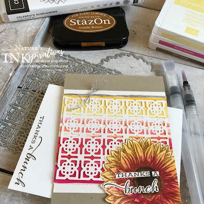 By Angie McKenzie for Ink and Inspiration Blog Hop; Click READ or VISIT to go to my blog for details! Featuring the amazing NEW Water Painters, the Celebrate Sunflowers bundle, the Many Medallions Dies and the Tasteful Textile 3D Embossing Folder from the 2020-21 Annual Catalog; #celebratesunflowersbundle #celebratesunflowersstampset #sunflowersdies #tastefultextile3dembossingfolder #coloringwithwaterpainters #fussycutting  #20202021annualcatalog #bloghops #inkandinspirationbloghop #stampinup #cardtechniques #naturesinkspirations #stampinupcolorcoordination