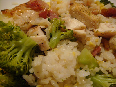 chicken, bacon, scallions, and broccoli with fried rice