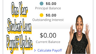 This a thumbnail of my YouTube video “student loan payoff update”. There is a screenshot of my loan balance and I am smiling  at the camera