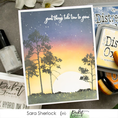 Picket Fence Studios, Watercolor Trees and Bushes, Ink Blending, Distress Oxide Inks, life Changing Blending Brush, Sunset card