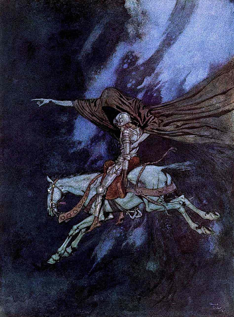 an Edmund Dulac illustration, death directs the warrior to his end