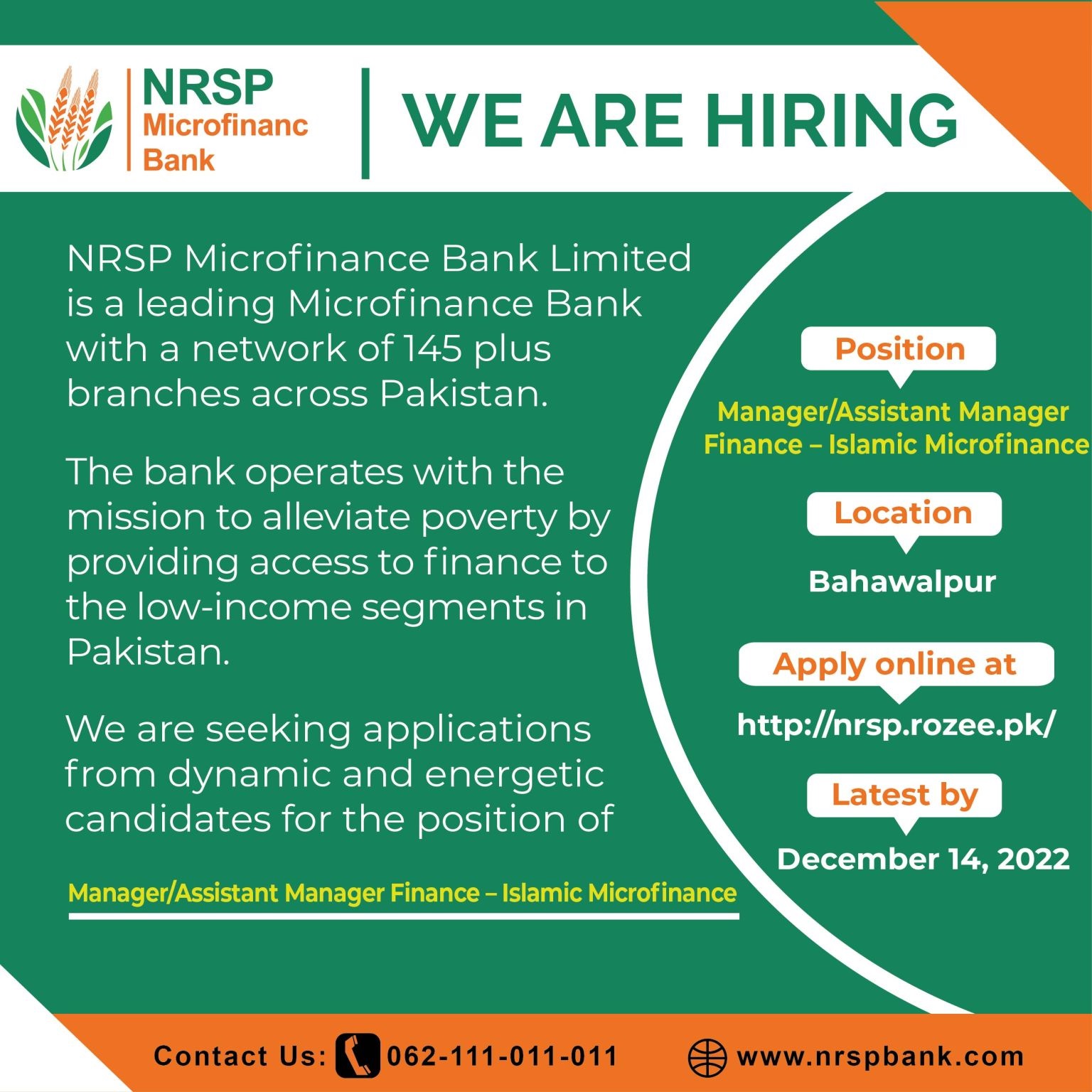 NRSP Microfinance Bank Ltd Announced jobs for Manager Finance - Islamic Microfinance