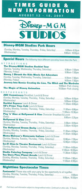 Disney's MGM Studios August 12-18 2007 Times Guide