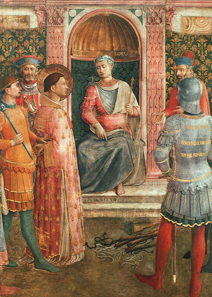 Imagen 121B | San Lorenzo (martirizado en 258) ante el emperador Valeriano por Fra Angelico. | Dominio público / anónimo