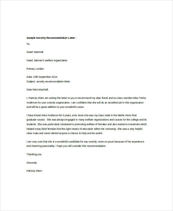 Recommendation Letter Sample Sorority