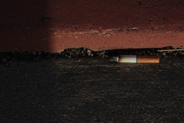 A lit and discarded cigarette by a curb in the light of a sunset.
