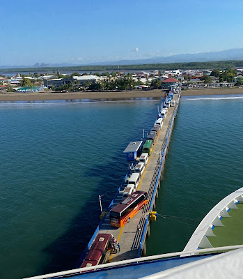 tour buses backing up on cruise ship pier in Puntarenas, Costa Rica