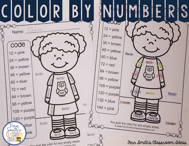  This Adorable Multiplication Color By Numbers Bundle is perfect for introducing a multiplication fact family each week, use them for pre-tests, post-tests, homework, seat work, bell work, center time, small group tutoring, with six pages PER fact family, you will have 72 pages total and 72 color coded answer keys with a cute kid and animal theme. #FernSmithsClassroomIdeas